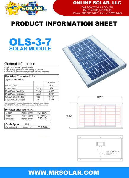 Mr. Solar 3 Watt, 7V Solar Panel (OLS-3-7)
